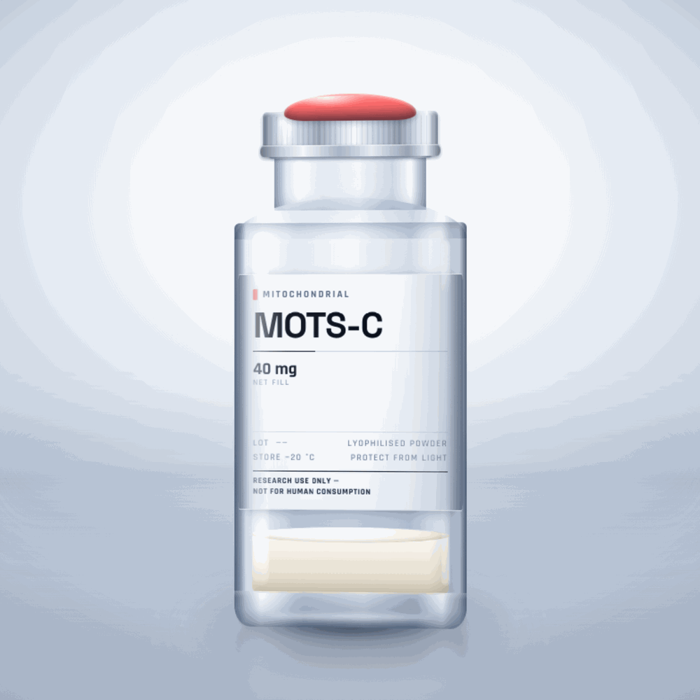 MOTS-C 40mg vial — clear glass research-compound vial with an aluminium crimp cap,  purity, labelled for laboratory research use only