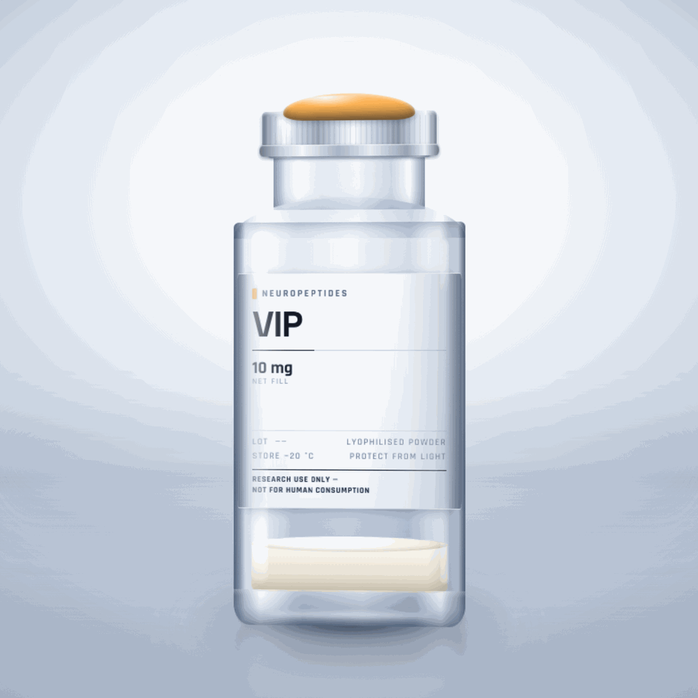 VIP 10mg vial — clear glass research-compound vial with an aluminium crimp cap,  purity, labelled for laboratory research use only